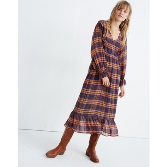 Max Studio Brown Plaid Ruffle Hem Midi Dress Size S - Picture 1 of 7